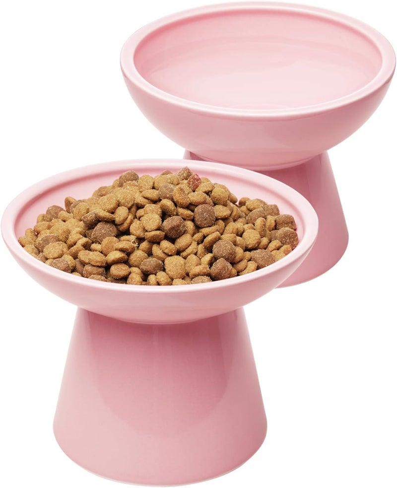 CEEFU 2 Elevated Cat Bowls Extra Wide for Food & Water – Whisker Fatigue, Ceramic Wide Shallow Food Dish, Lead & Cadmium Free, Raised Height for Cats, Pink - Image 1